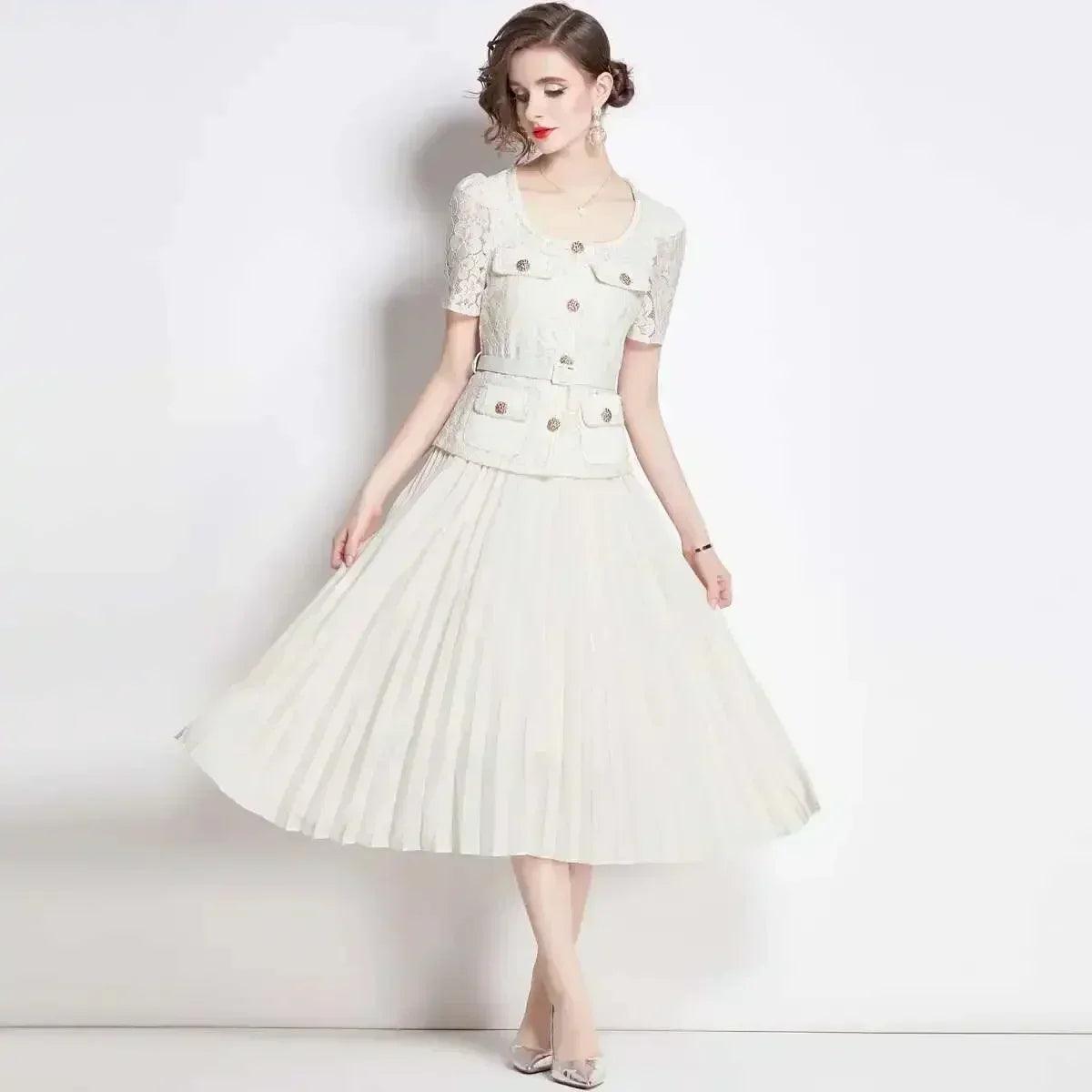 Luxury evening dress women summer vacation short sleeve pleated lace chiffon long dresses white single breasted midi