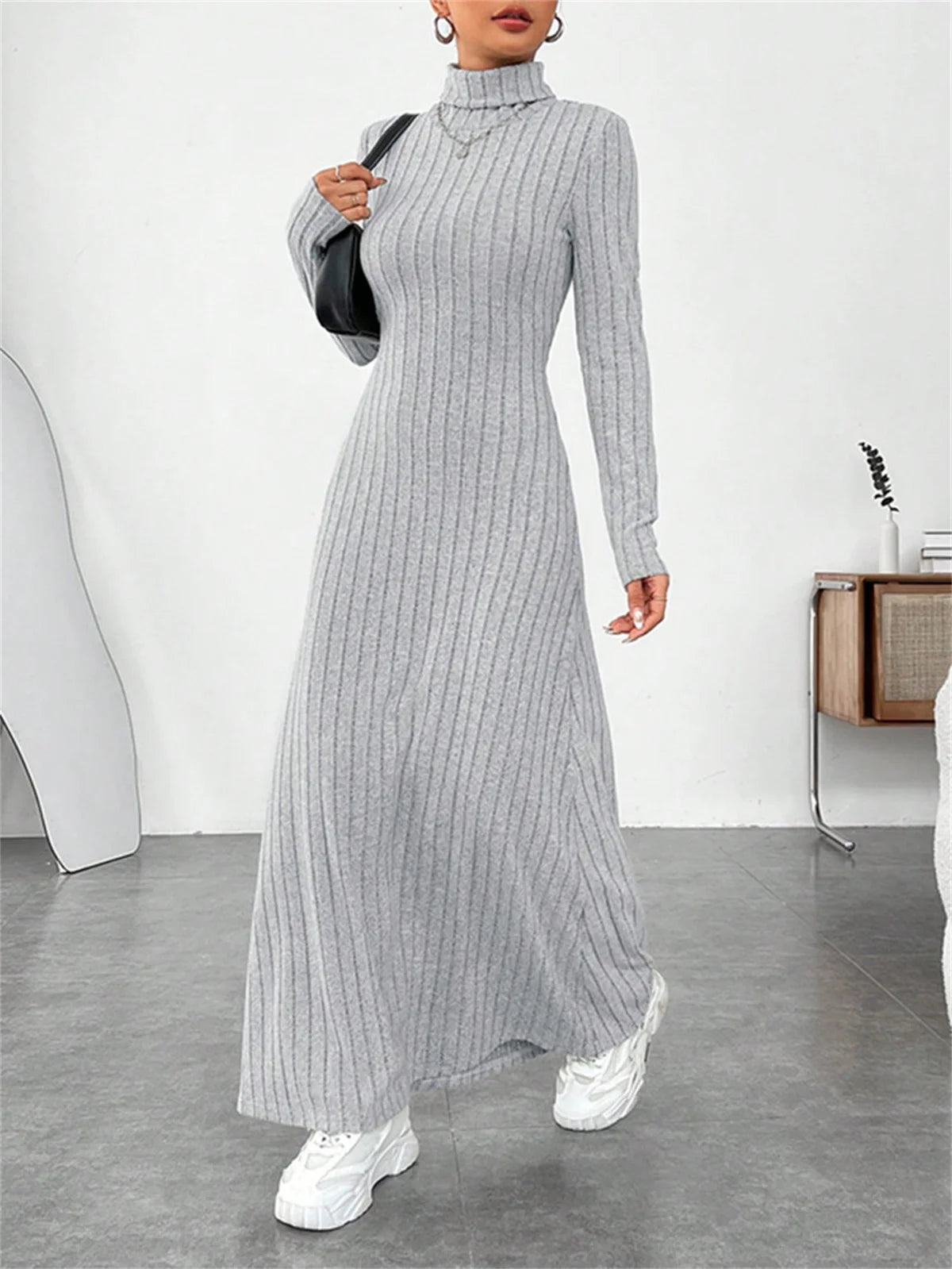 Knitted Elegant Long Sleeve Dress Women 2025 Autumn Winter Vintage Dresses Turtleneck Fashion Solid Vestidos Casual Street Y2K