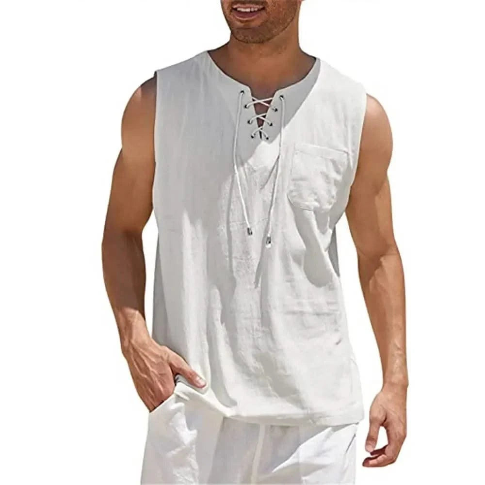 Summer Linen Shirts Men's Casual Leeveless Vest Bandage Lace Up Blouse Retro V Neck Fashion Loose Shirt Male SolidColor Tees Top