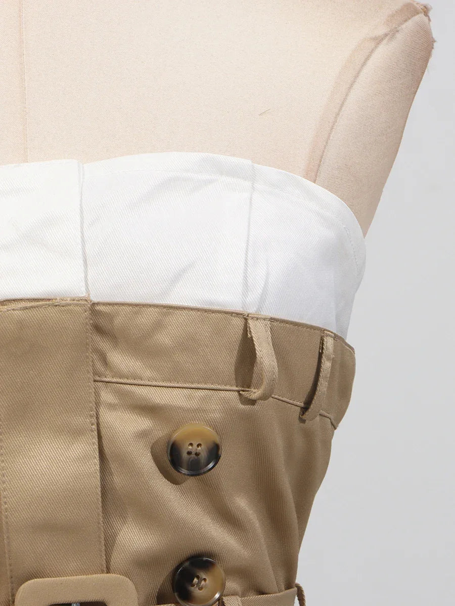 VGH Ameican Retro Irregular Cargo Dresses for Women Strapless Sleeveless High Waist Spliced Double Sashaes Midi Dress Female New