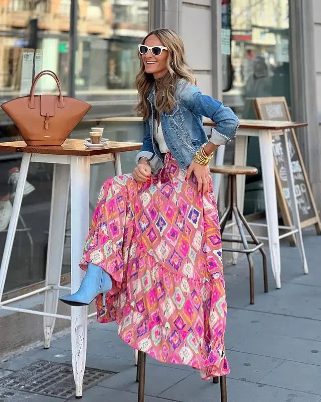 Bohemian Style Printed A-line Skirt Women Fashion Beach Vacation Loose Drawstring Ruffles Skirts Female  Summer New Streetwear