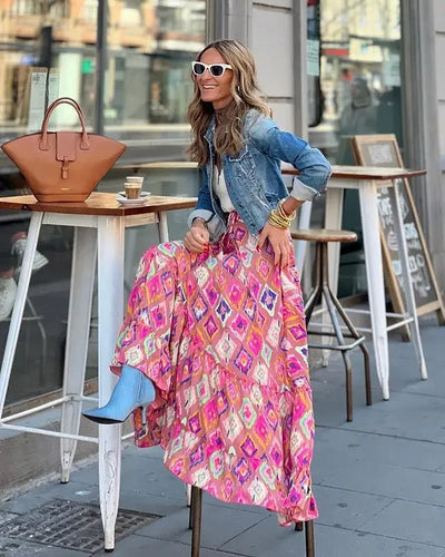 Bohemian Style Printed A-line Skirt Women Fashion Beach Vacation Loose Drawstring Ruffles Skirts Female  Summer New Streetwear