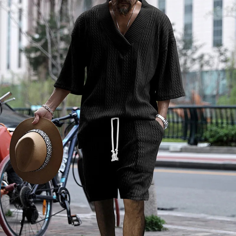 New cross-border jacquard casual suit men's summer loose short-sleeved shorts V-neck sports suit