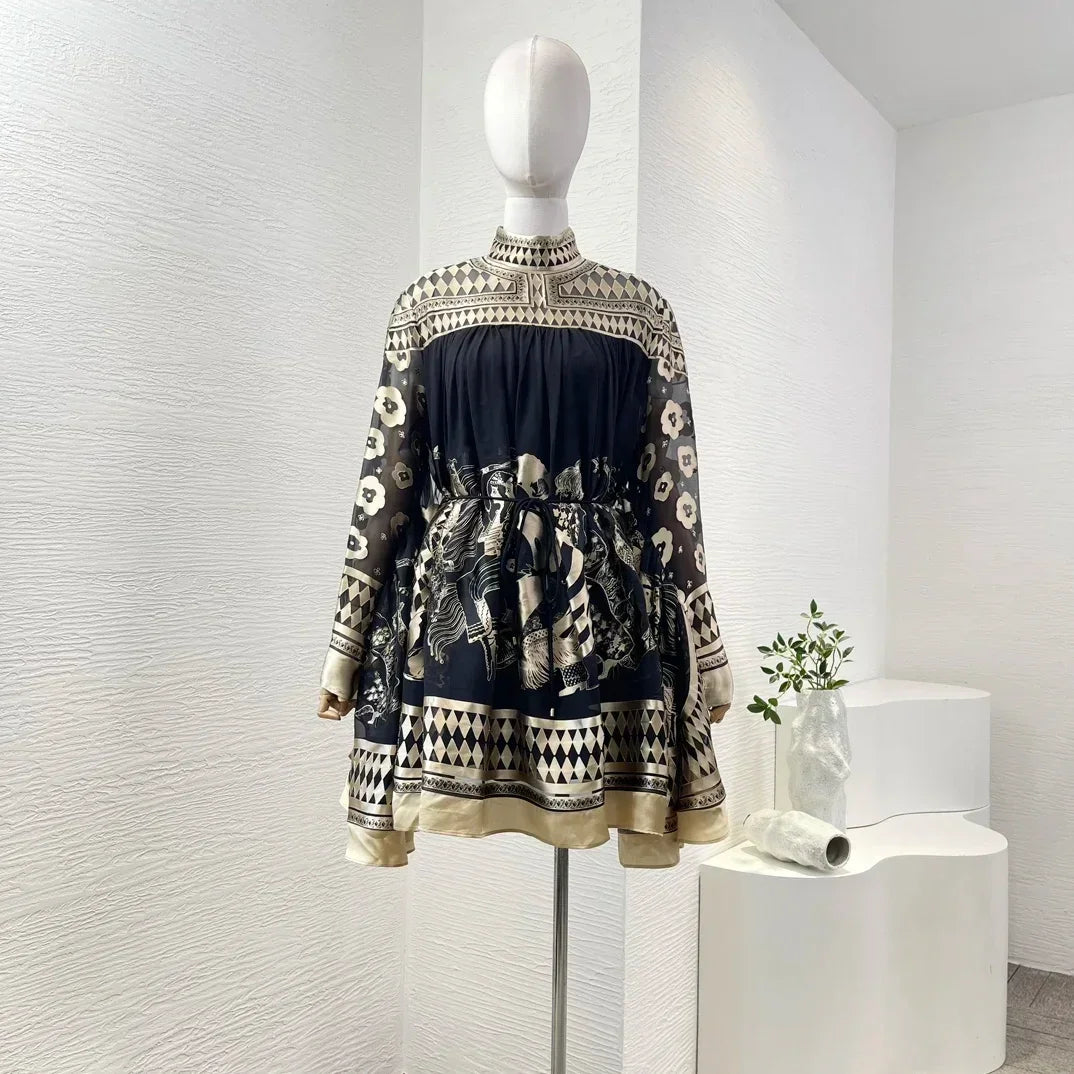 Print Long Sleeve Stand Collar Women Mini Dress Cotton Silk 2025 Autumn High Quality New Holiday Collection Black