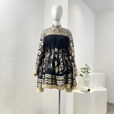 Print Long Sleeve Stand Collar Women Mini Dress Cotton Silk 2025 Autumn High Quality New Holiday Collection Black