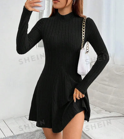 Knitted Dresses Women Basics Pleated Dress Half High Collar Full Sleeve Solid Short Vestidos Knitting A Line Office Lady 2025