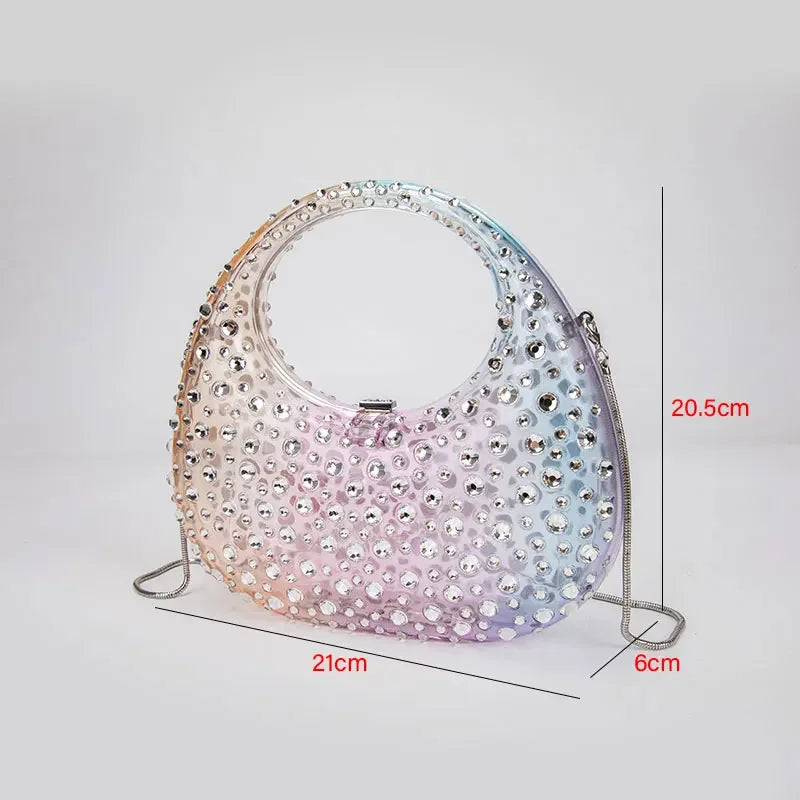 Diamond Women Bags Luxury Designer Handbags Rhinestones Box Transparent Acrylic Clutch Dresses Crescent Shoulder Crossbody Bag