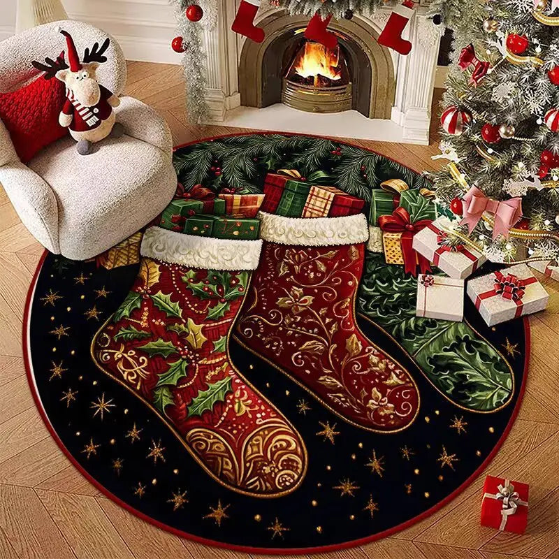 Christmas Stocking Gift Basket Carpet Mat Poinsettia Holly Rug Red Green Gold Festive Non-slip Home Decoration for Living Room