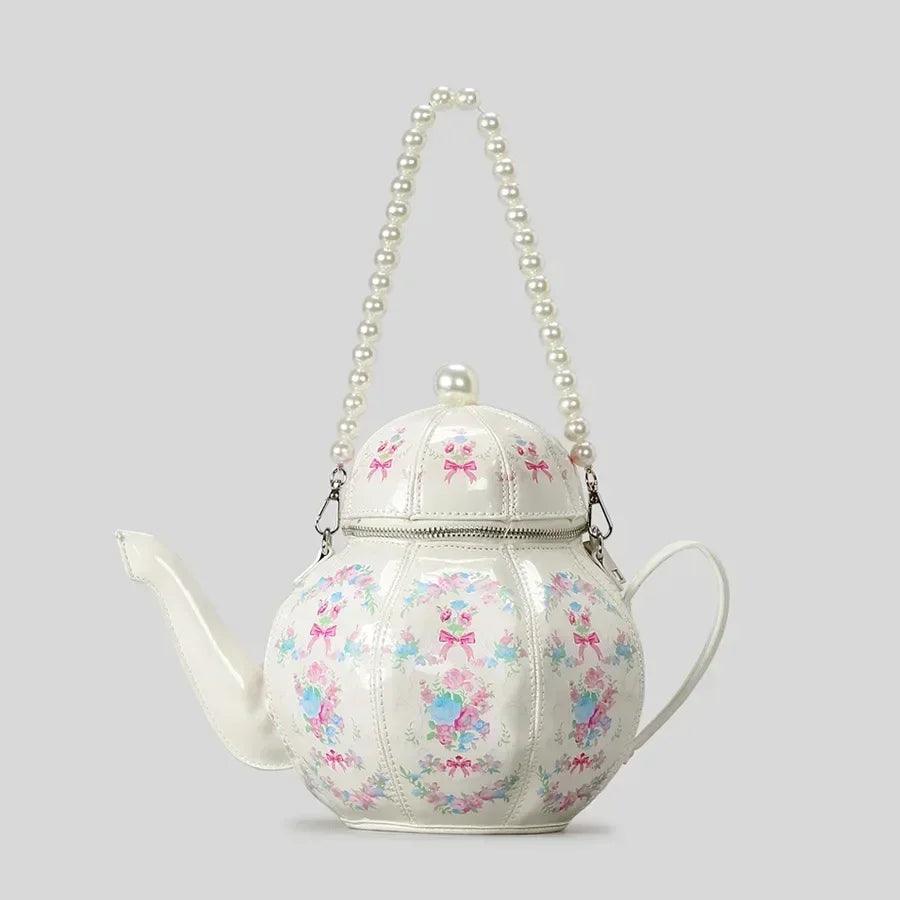 Handbags with teapot design creative vintage print for women shoulder bag pearl chains designer luxury strap