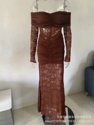 Sexy Lace Mermaid Women Prom Dress Sexy Off Shoulder Full Sleeves Long Party Gown Robe Casual Beach Holiday Formal Evening Gown