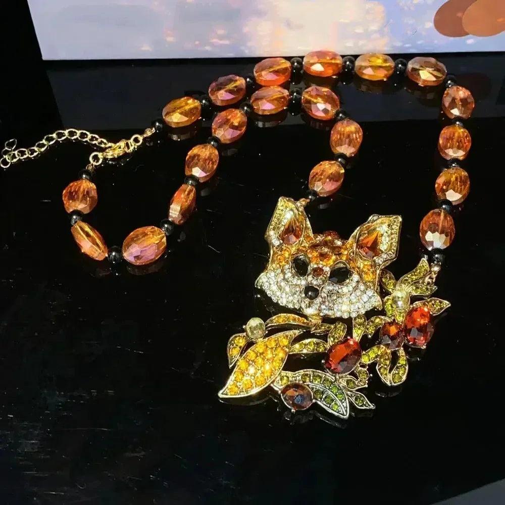 Luxury crystal cat necklace earrings beaded exaggerated rhinestones pendant accessories neck jewelry