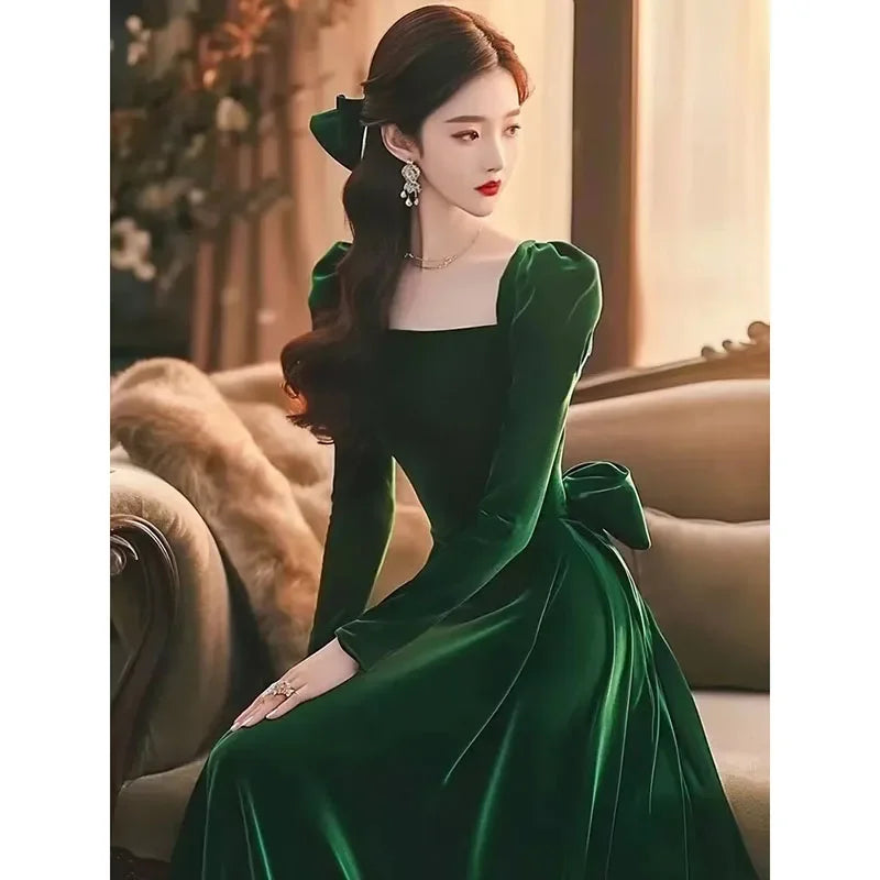 Fashion Beautiful Golden Velvet Women Vintage Dress 2025 Autumn Winter High-quality Elegant Versatile Dresses Ladies Vestidos