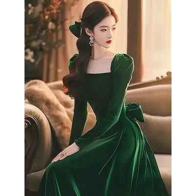 Fashion Beautiful Golden Velvet Women Vintage Dress 2025 Autumn Winter High-quality Elegant Versatile Dresses Ladies Vestidos