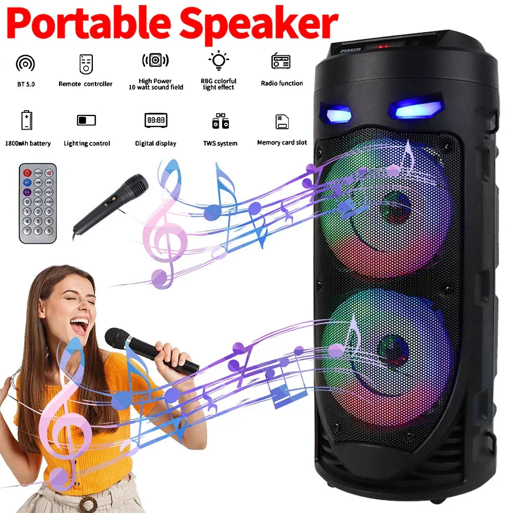 Bluetooth Wireless Speaker Stereo Speaker Support USB/TF/AUX/FM/BT/MIC Loud Boombox Speaker with Bass Lights for Outdoor Party