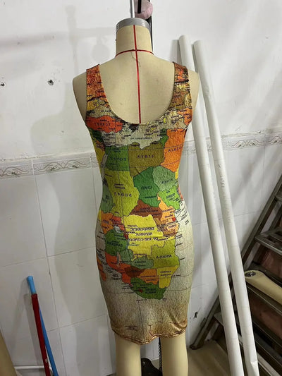 Summer Dresses for Women 2022 Map Print Sexy Sleeveless U-Neck Bodycon Mini Daily Dress