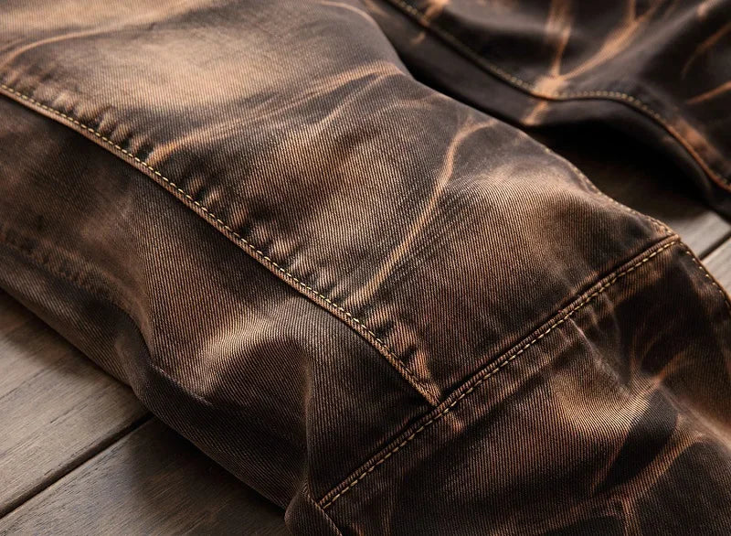 2025 Men's Fashion Vintage Jeans Slim Straight Leg Tie Dye Pleated Biker Denim Pants Male Casual Pants Oversized 42 High Quality