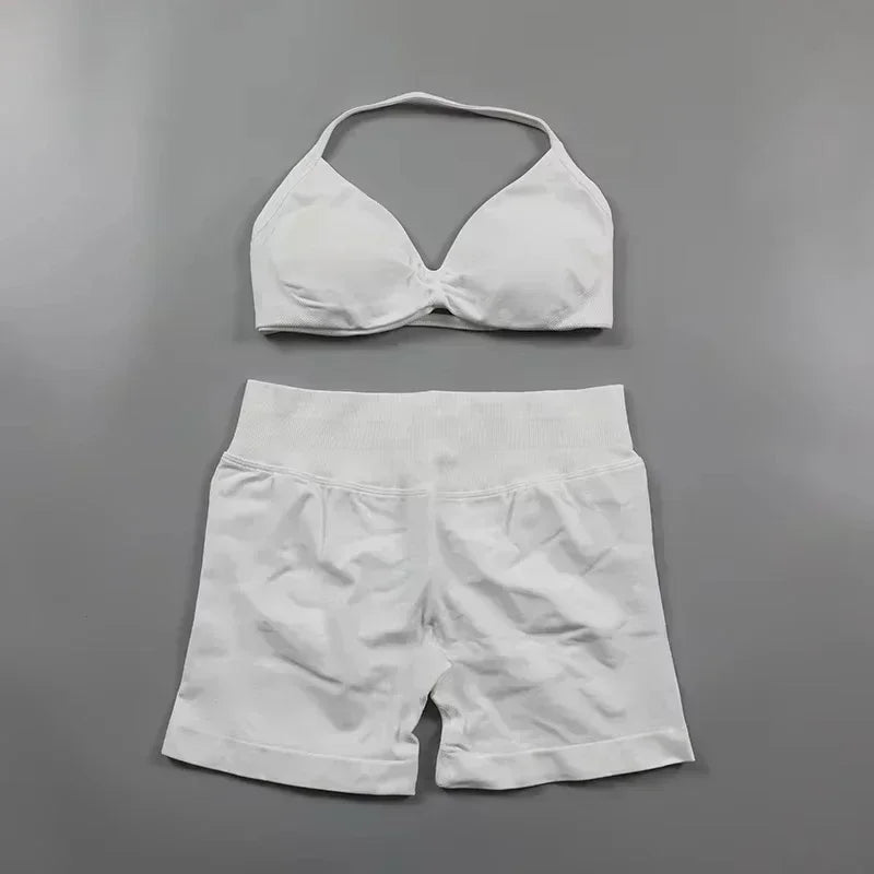 European American Ins 2025 2PCS Yoga Gym Set Women Seamless Yoga Bra High Waist Workout Scrunch Shorts Suit Fitness Sportswear
