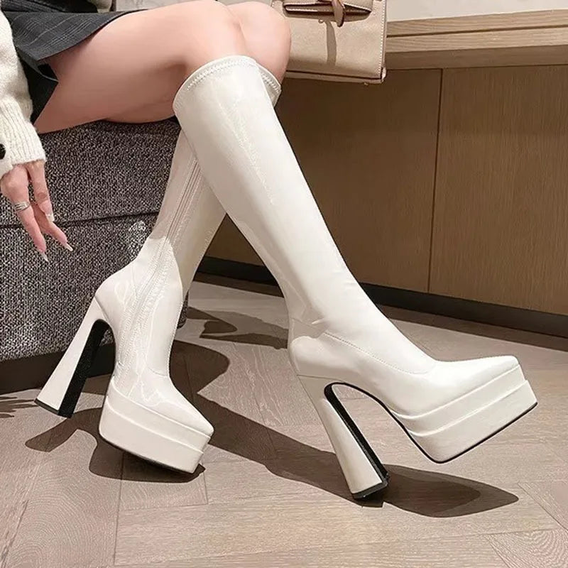 Super High Heels Knee High Boots for Women Autumn Winter Sexy Platform Pointed Toe Gothic Women Shoes Solid Leather Long Botas