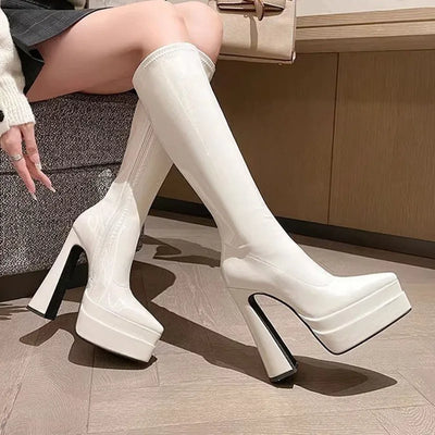 Super High Heels Knee High Boots for Women Autumn Winter Sexy Platform Pointed Toe Gothic Women Shoes Solid Leather Long Botas