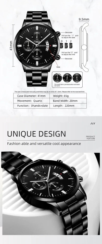 Fashion Mens Watches Luxury Black Stainless Steel Quartz Wrist Watch Man Business Watch for Men Calendar Clock Reloj Hombre