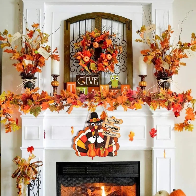 Thanksgiving Wooden Wreath Sign - Turkey & Pumpkin Front Door Decor with 'Thankful Blessed' Message, Fall Harvest Wall Art