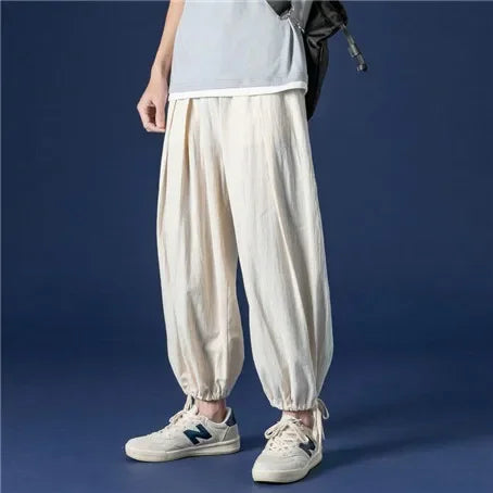 Wide leg Pants Men Streetwear Baggy Loose Pants M-8XL Plus size Ankle length Trousers cotton linen pants Black white khaki