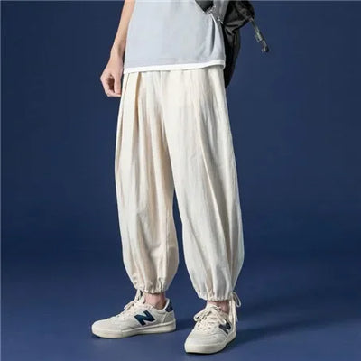 Wide leg Pants Men Streetwear Baggy Loose Pants M-8XL Plus size Ankle length Trousers cotton linen pants Black white khaki