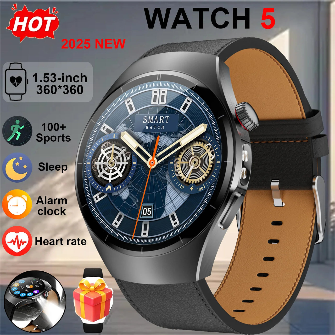 Smart Watch5 1.53-inch HD Display LED Lighting IP68 Waterproof Music Playback Weather Health Assistant AI Voice 100+ Sports Mode