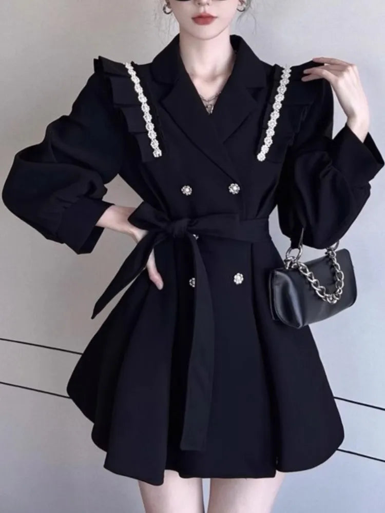 Autumn Elegant Blazer Dress for Women Female Double Breasted Solid A-line Evening Dresses Long Sleeve Female Casual Clothes 2024