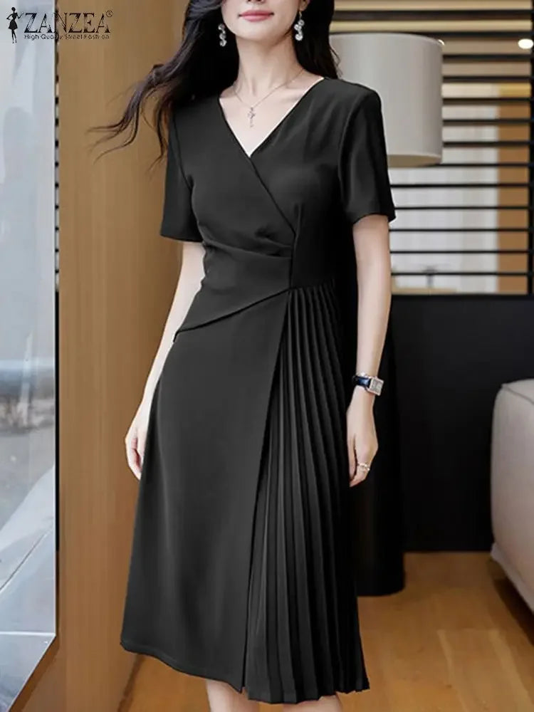 Summer Women Elegant OL Work Sundress V Nek Party Dress 2024 ZANZEA Fashion Short Sleeve Robe Femme Solid Pleated Midi Vestidos
