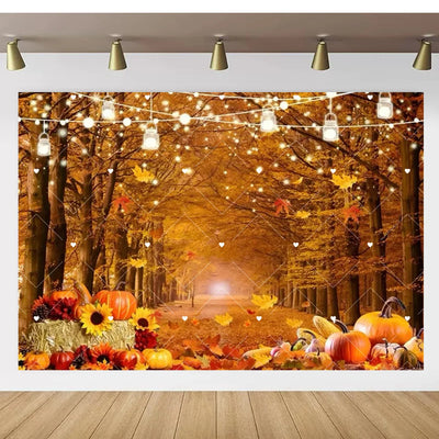Autumn Thanksgiving Party Photo Backdrop Farm Harvest Maple Leaves Sunflowers Scarecrow Pumpkin Backdrop Poster Studio Photozone