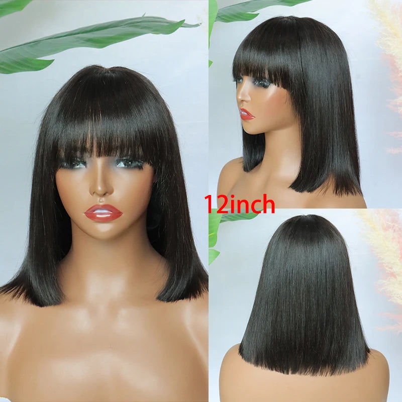 Unprocessed Raw Hair Short Bob Wig With Bangs Bone Straight Human Hair Wigs Fringe Middle Part Bob Lace Wigs Realistic Scalp Wig