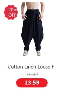 Wide leg Pants Men Streetwear Baggy Loose Pants M-8XL Plus size Ankle length Trousers cotton linen pants Black white khaki