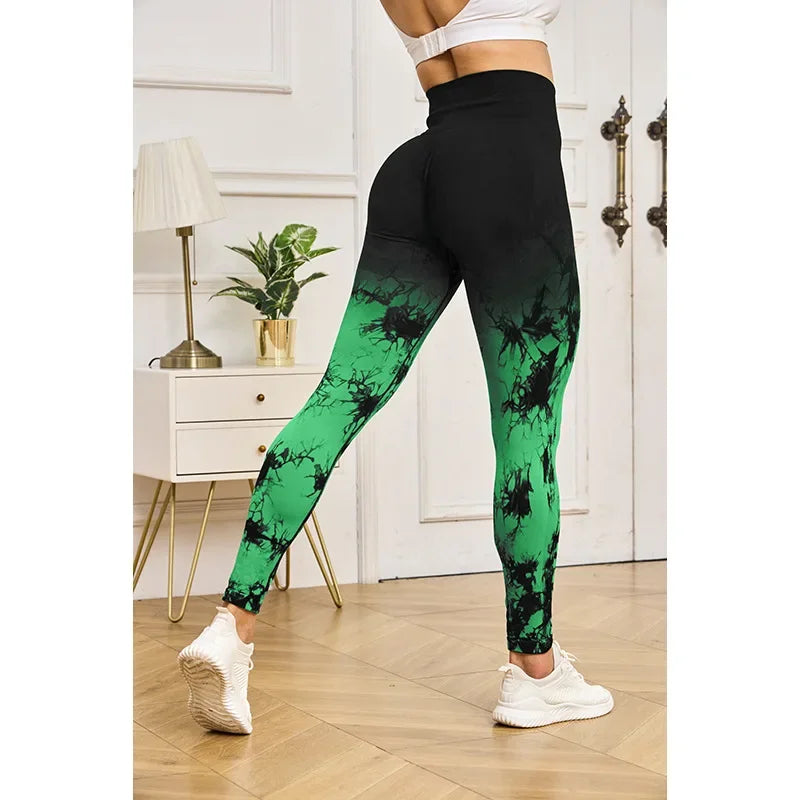Women Tie Dye Sports Yoga Leggings High Waist Fitness Leggings Gym Workout Running Hip Liftting Gradient Knitting Tights