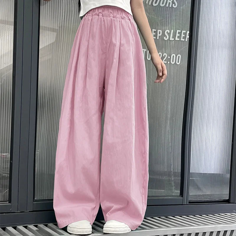 Teens Girls Casual Pants Summer Loose Cool Wide Leg Pants for Kids Daily All-match Thin Children Beach Trousers 8 10 12 14 Years