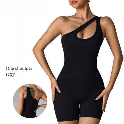 Women One Shoulder Sexy Jumpsuits Seamless Slim Short Bodysuit High Elastic Fitness Sport Yoga Clothes Black Knit Jumpsuit Woman