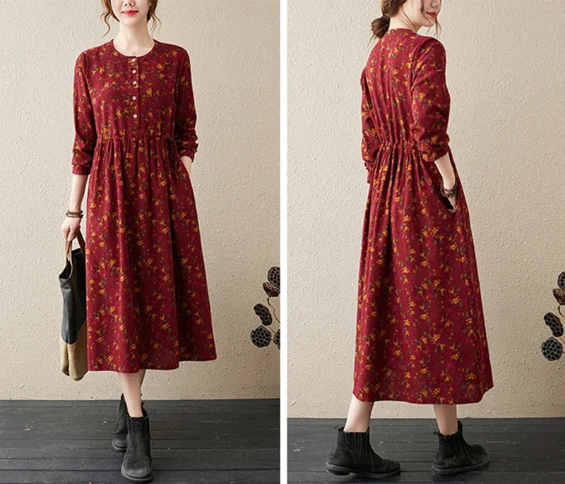 Long Sleeve Cotton Linen Vintage Floral Print Dresses For Women 2025 New Spring Autumn Casual Dress Robe Femme Elegant Clothing