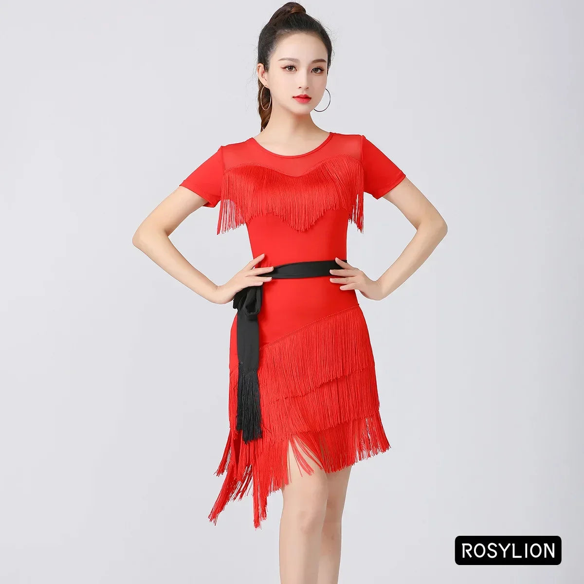 Women Latin Dance Outfit for Female Adults High End Slim Short Sleeve Tassel Split Dress Purple Red Sexy Practice Dance Clothing