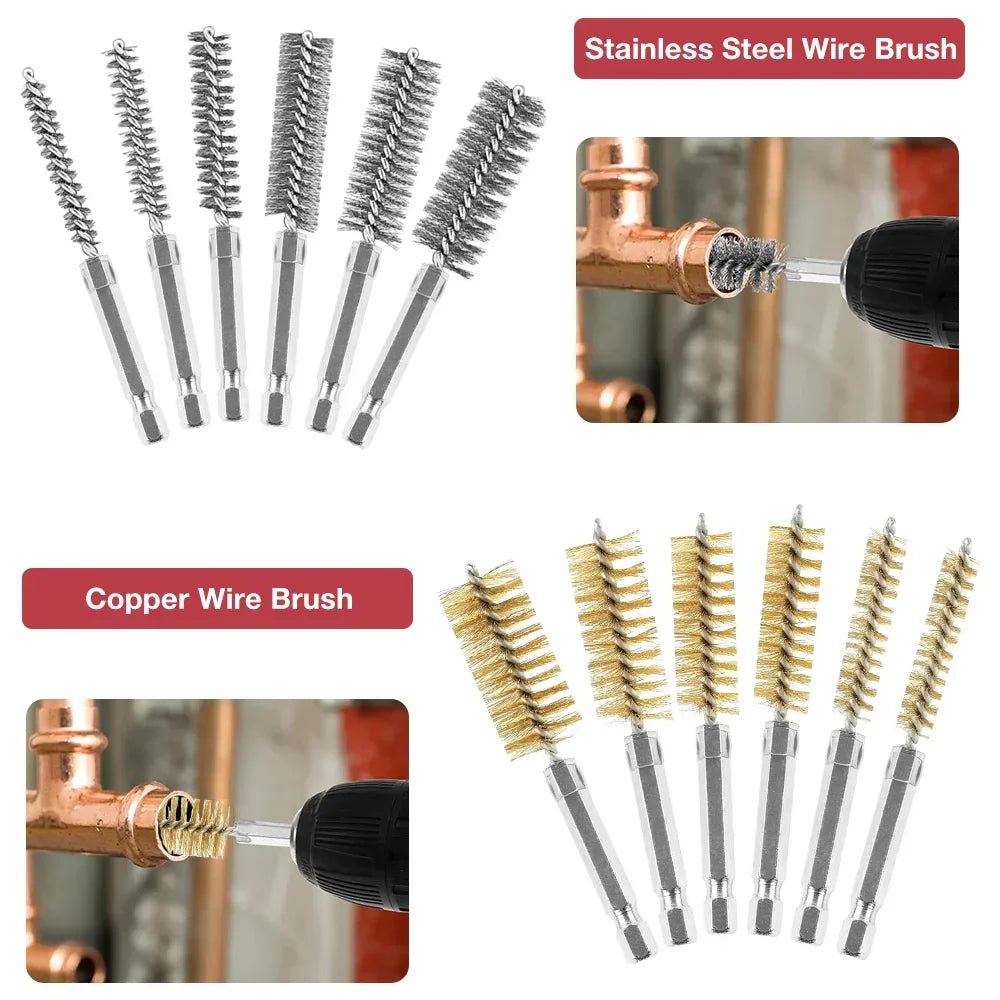 3/9/15Pcs metal pipe/copper pipe cleaning brush, grinding/rust removal tools,copper wire/stainless steel drilling cleaning brush