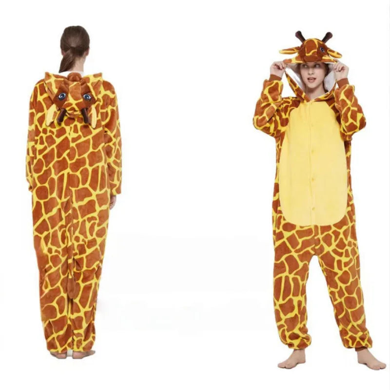 Cute Animal Pajamas for Men Women Winter Flannel Hooded Pajamas Crocodile Capybara Giraffe Cow