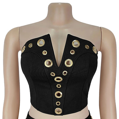 Kricesseen Women's Eyelet Pants Set 2 Piece Outfits Summer Runway Sequins Crop Top And Wide Legs Pants Set Workout Overalls