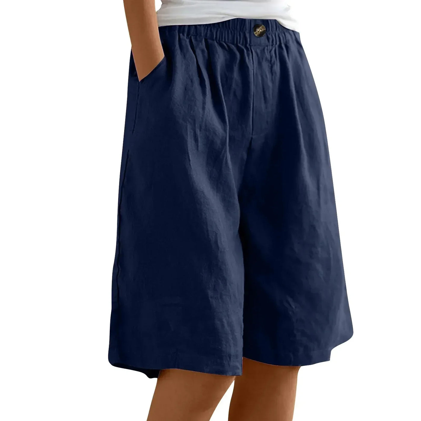 Women's Fashion Solid Color Cotton Linen Shorts - Loose Elastic Waist Capris with Pocket and Button Up Design