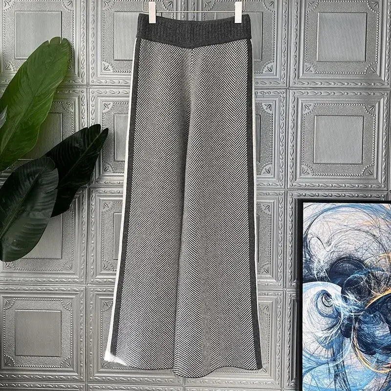 Wide Leg Pants Women Autumn and Winter High Waist Loose Striped Knitted Tweed Casual Straight Drag Pants Outer Wear Korean New