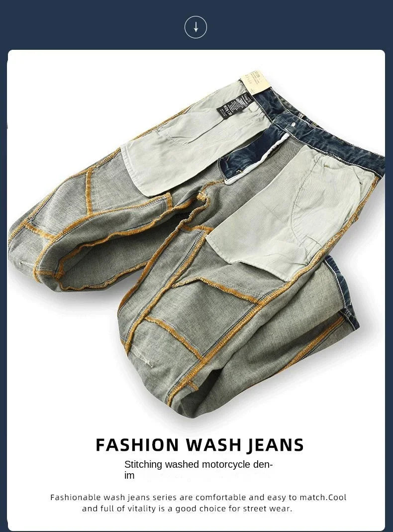 High-end 2022 Retro Motorcycle Jeans Men Spring Autumn Loose Zipper Designer Straight Pants Stitching Tooling Cargo Pants Men