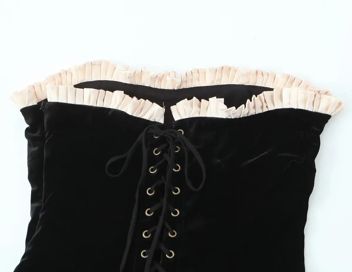 YENKYE Black Strapless Christmas Dress Sexy A Line Vintage Velvet Party Mini Dresses Elegant Women Dresses