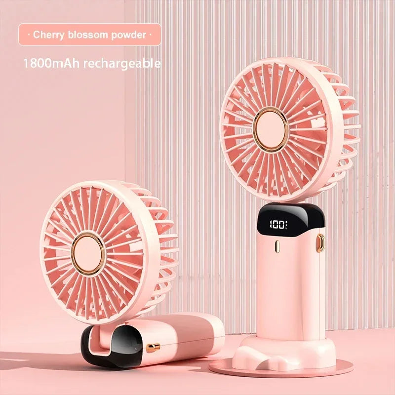 Handheld Mini Fan Foldable Portable Neck Hanging Fans 5 Speed USB Rechargeable Fan with Phone Stand and Display Screen 1800mAh