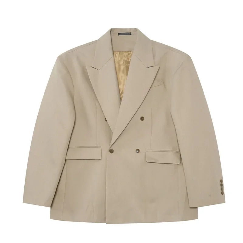 IEFB Korean Style Men's Blazers Double Breasted Shoulder Padded Tops Turn-down Collar Solid Color Loose Male Suit Jackets 9C8669