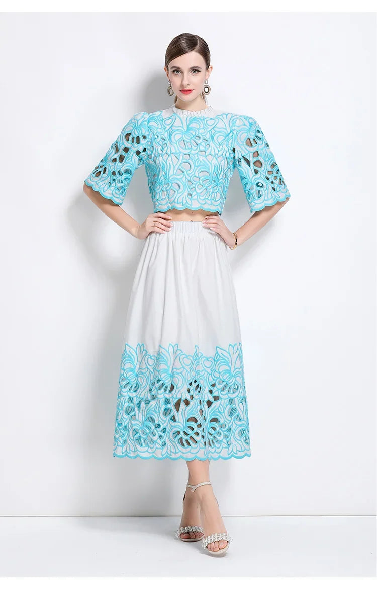 Summer Short Sleeve A-LINE Set Skirt for Women Fashion Ruffled Collar Embroidery Set Skirt Women Vestidos De Verano Mujer Q344