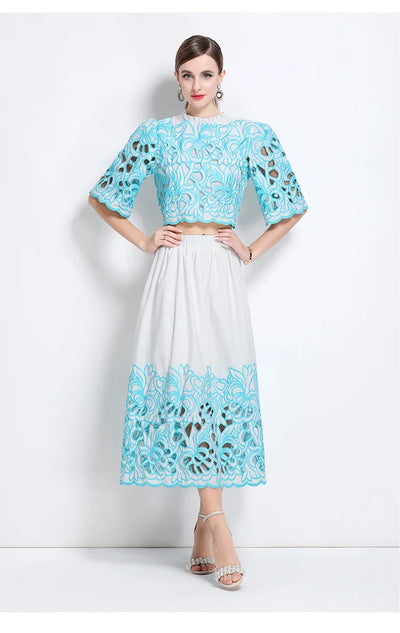 Summer Short Sleeve A-LINE Set Skirt for Women Fashion Ruffled Collar Embroidery Set Skirt Women Vestidos De Verano Mujer Q344