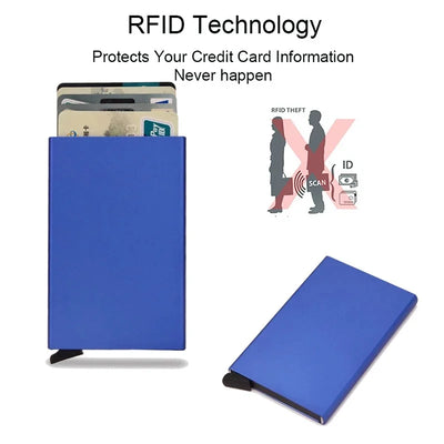 Slim blue RFID-blocking metal clip wallet with pop-up cards